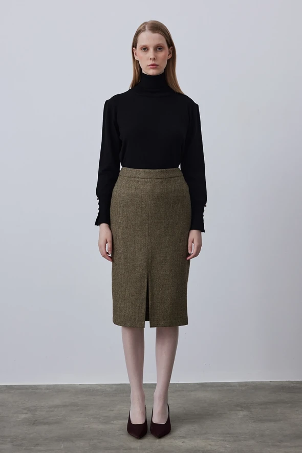 Woolen Skirt with Front Slit - Khaki - 1