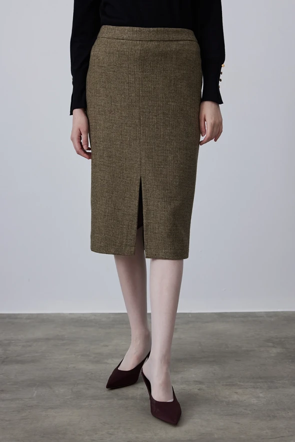 Woolen Skirt with Front Slit - Khaki - 2