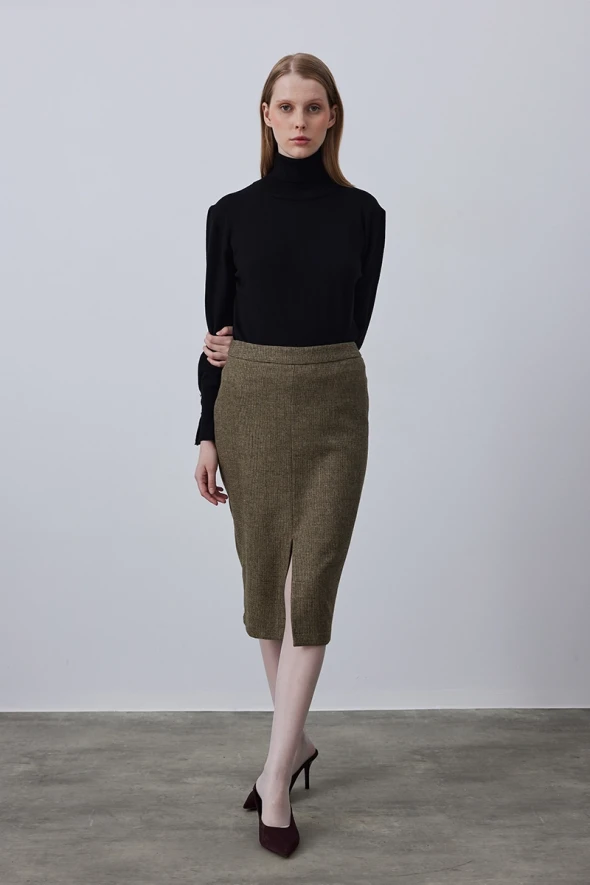 Woolen Skirt with Front Slit - Khaki - 3