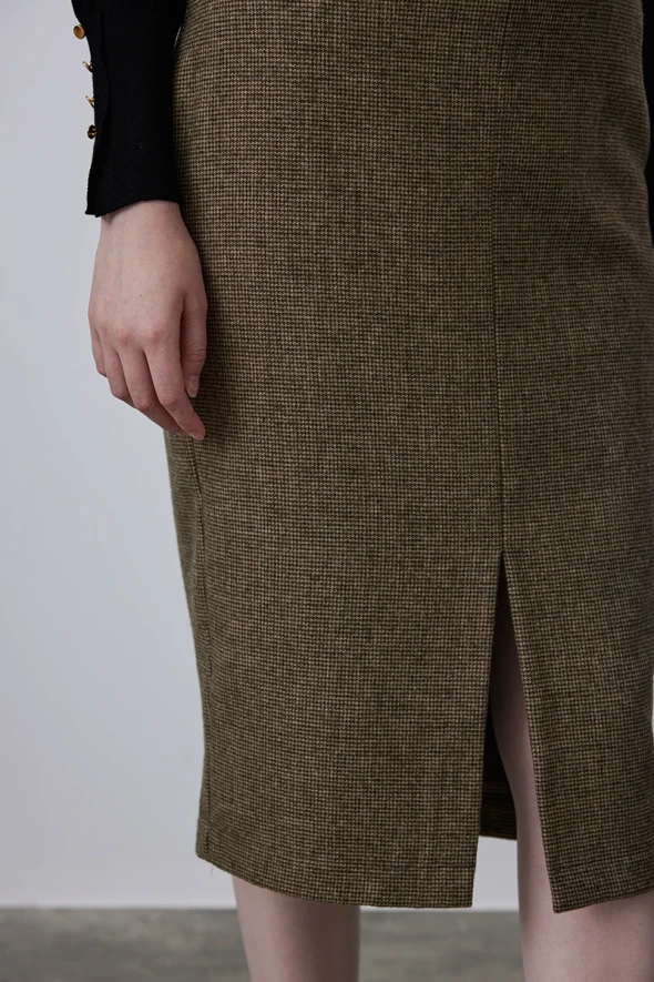 Woolen Skirt with Front Slit - Khaki - 6