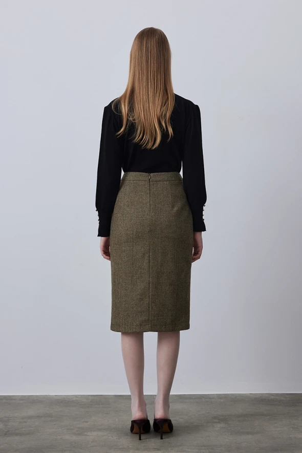 Woolen Skirt with Front Slit - Khaki - 7