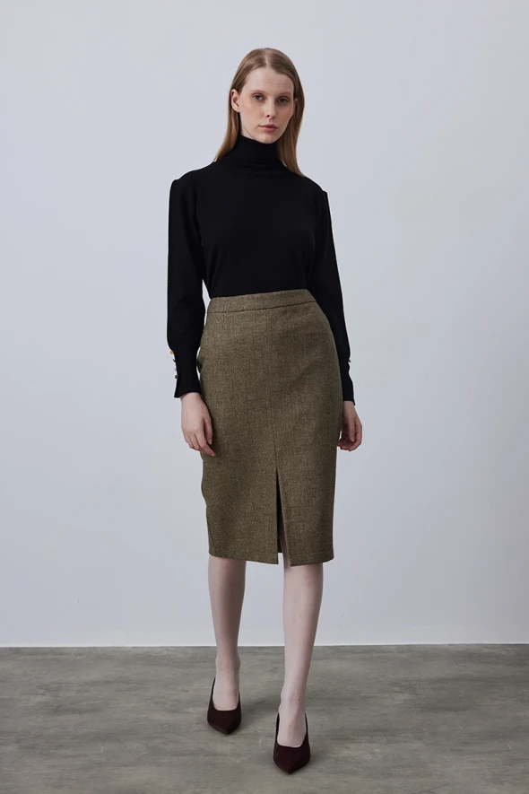 Woolen Skirt with Front Slit - Khaki - 5