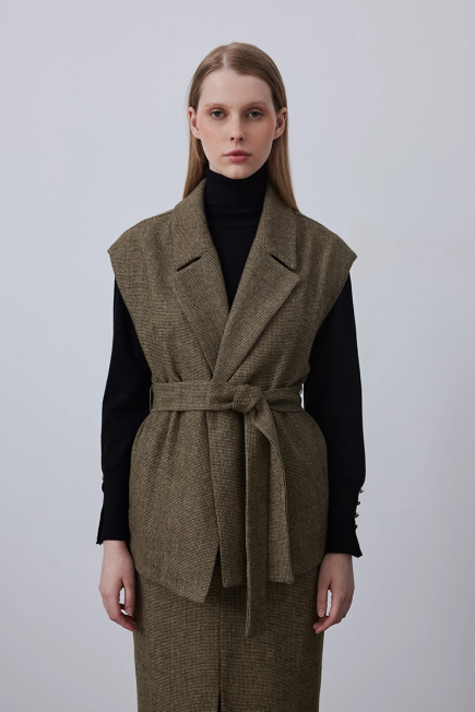 Woolen Vest with Belted Waist - Khaki Khaki