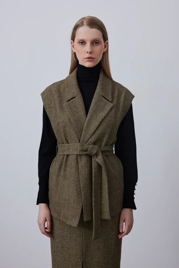 Woolen Vest with Belted Waist - Khaki - 1