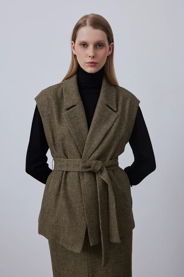 Woolen Vest with Belted Waist - Khaki - 3