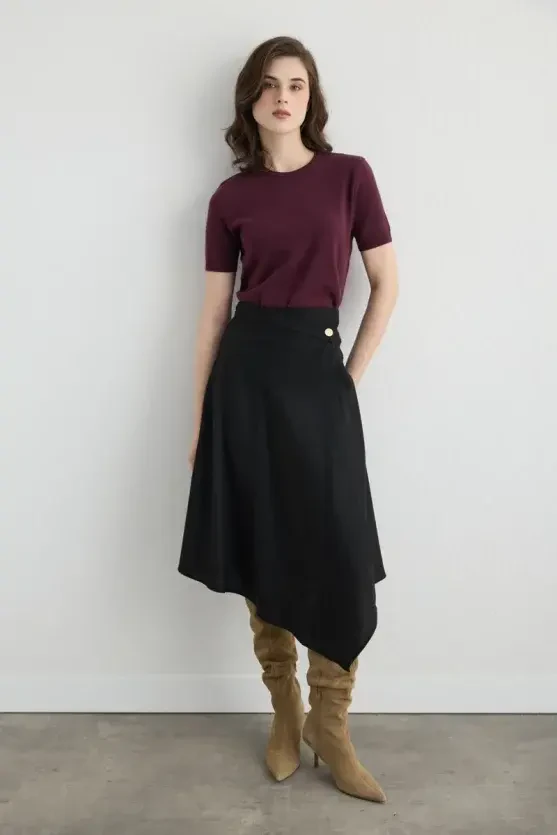 Wrap-Cut Asymmetric Wool-Blend Skirt - Black - 5