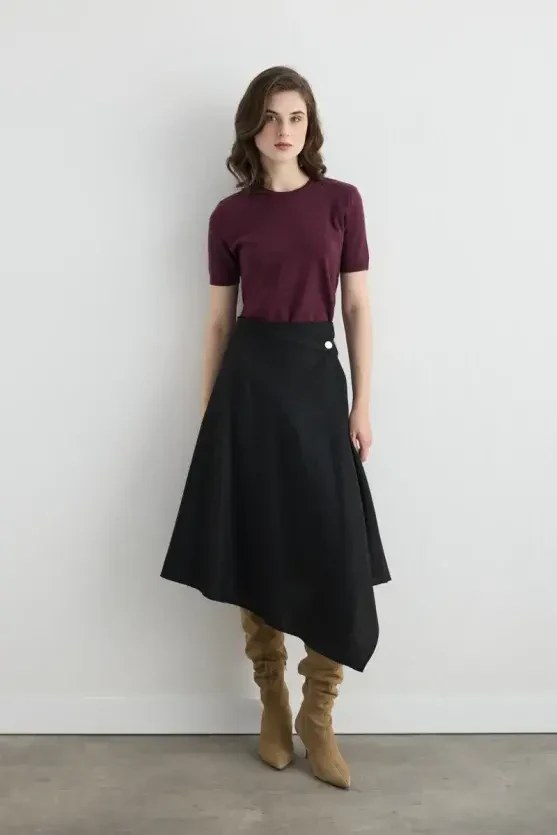 Wrap-Cut Asymmetric Wool-Blend Skirt - Black - 1