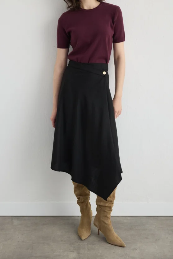 Wrap Cut Asymmetric Wool Blend Skirt Black - Gusto
