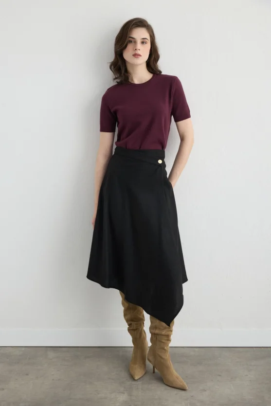 Wrap Cut Asymmetric Wool Blend Skirt Black - 5