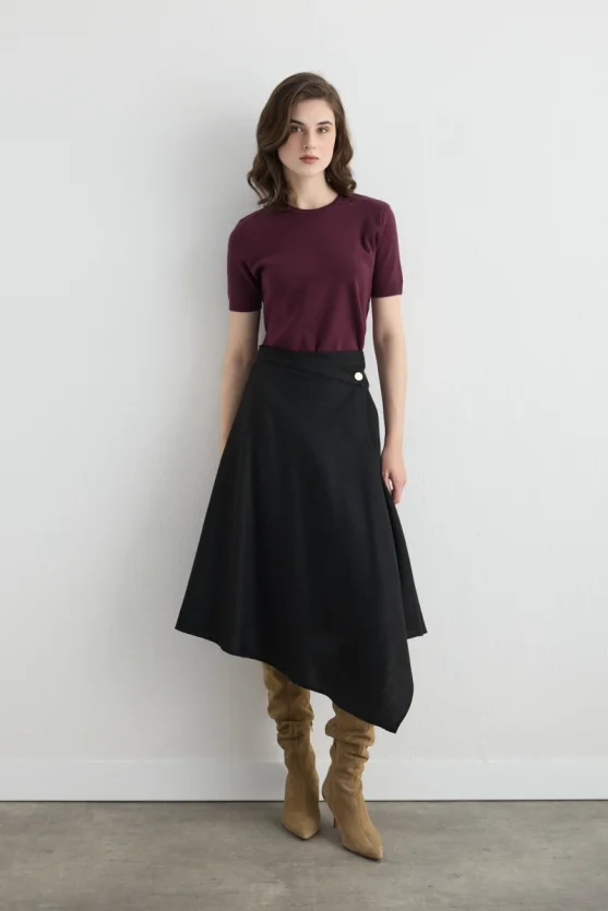 Wrap Cut Asymmetric Wool Blend Skirt Black - 1
