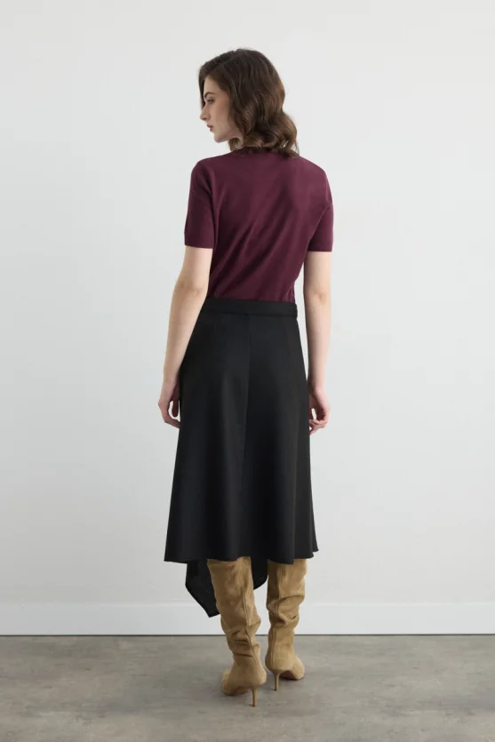Wrap Cut Asymmetric Wool Blend Skirt Black - Gusto
