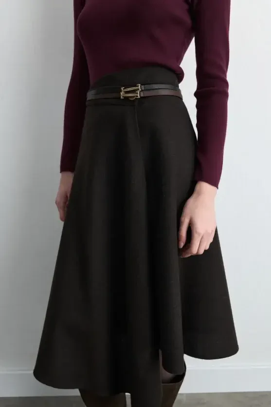 Wrap Cut Asymmetric Wool Coat Skirt - Brown - Gusto