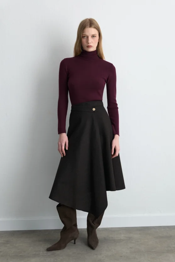 Wrap Cut Asymmetric Wool Coat Skirt Brown - Gusto