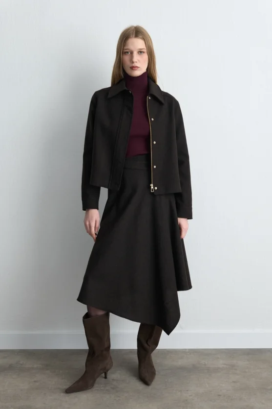 Wrap Cut Asymmetric Wool Coat Skirt Brown - 2