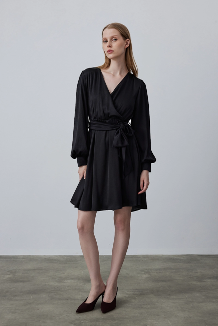 Wrap Cut Chiffon Satin Dress - Black Black