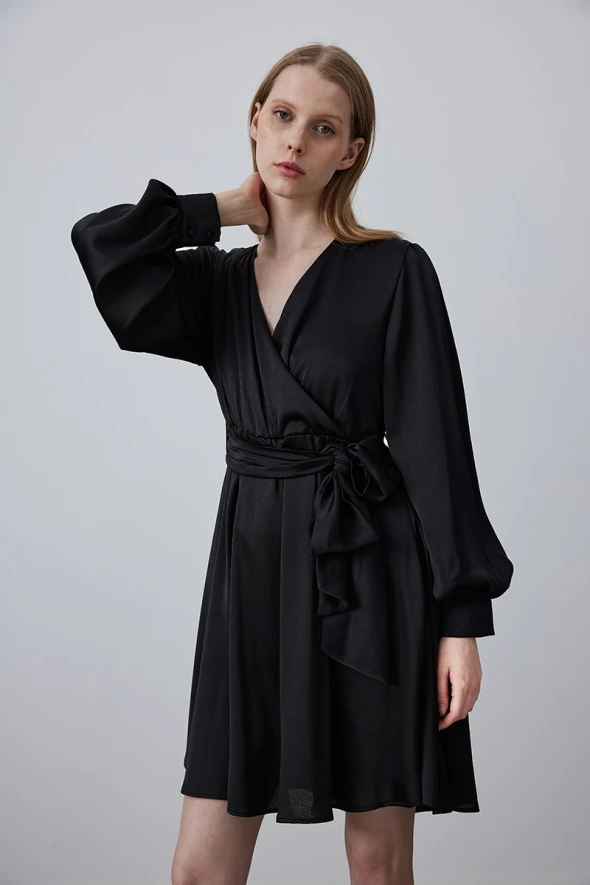 Wrap Cut Chiffon Satin Dress - Black - 4