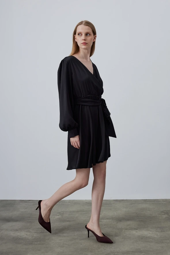 Wrap Cut Chiffon Satin Dress - Black - 3