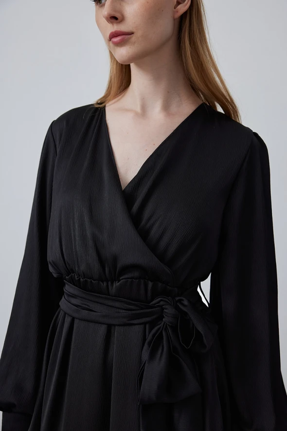 Wrap Cut Chiffon Satin Dress - Black - 6