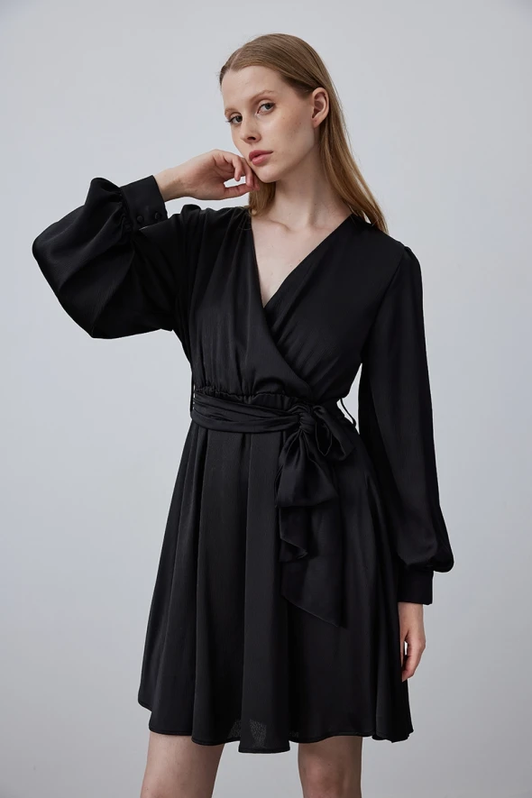 Wrap Cut Chiffon Satin Dress - Black - 5