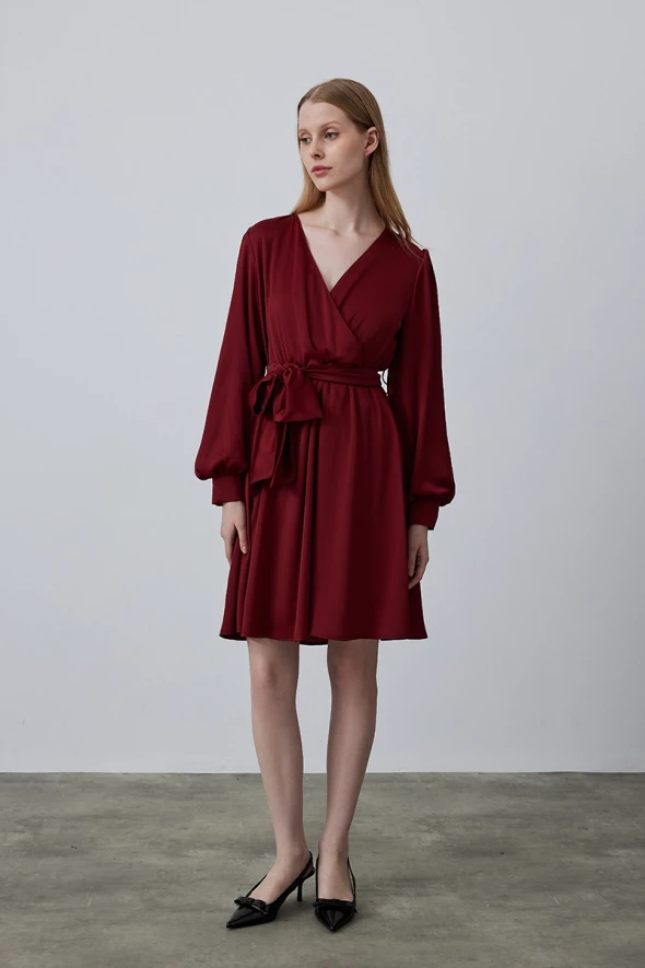 Wrap Cut Chiffon Satin Dress - Burgundy - 2