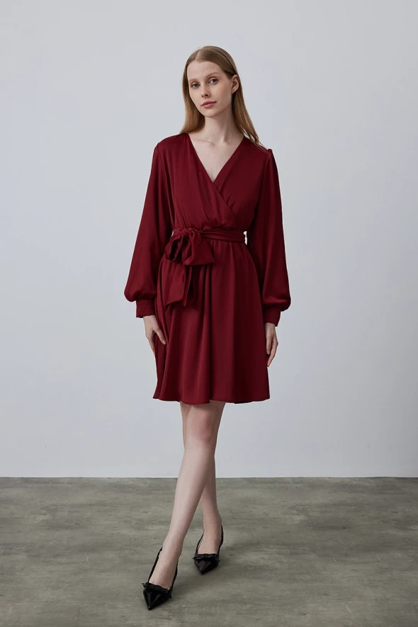 Wrap Cut Chiffon Satin Dress - Burgundy - 1