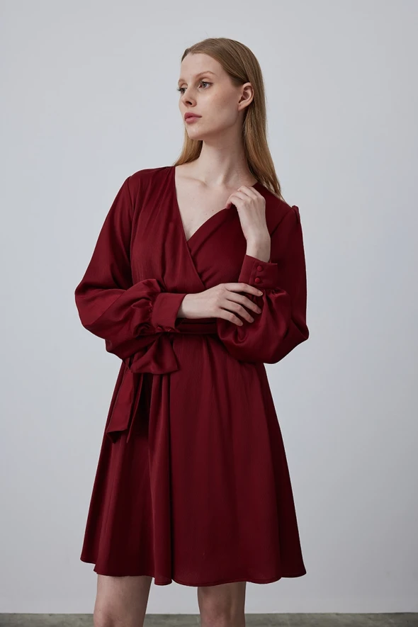 Wrap Cut Chiffon Satin Dress - Burgundy - 4