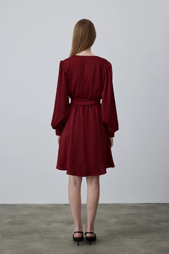 Wrap Cut Chiffon Satin Dress - Burgundy - 6