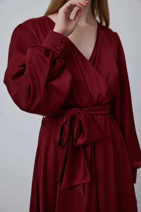 Wrap Cut Chiffon Satin Dress - Burgundy - 5