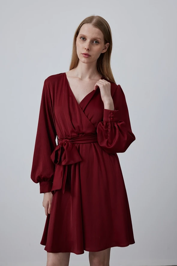 Wrap Cut Chiffon Satin Dress - Burgundy - 3