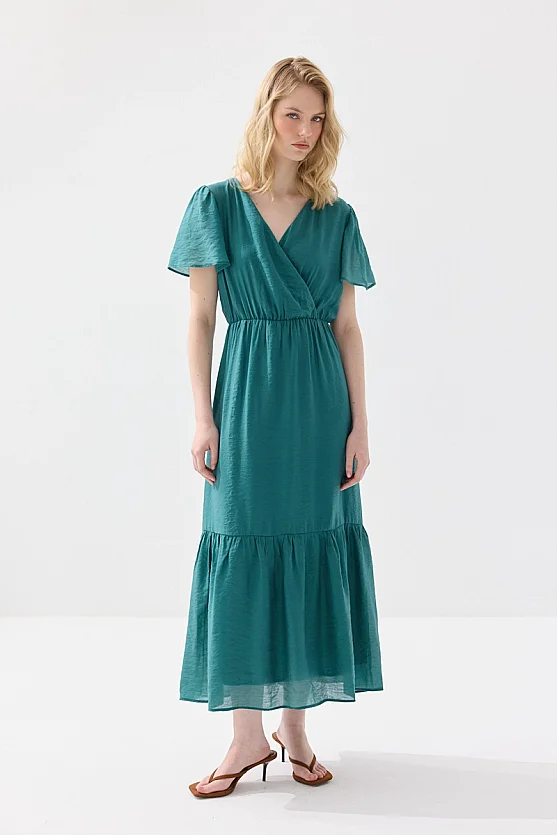 Wrap Cut Drop Sleeve Long Viscose Dress - Green - Gusto