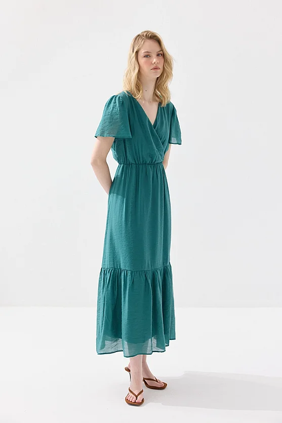 Wrap Cut Drop Sleeve Long Viscose Dress - Green - Gusto