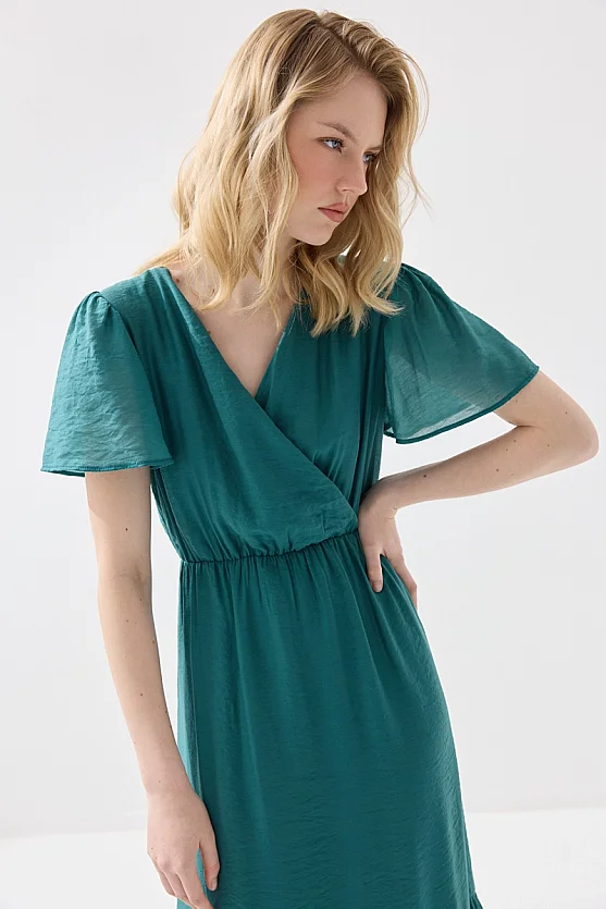 Wrap Cut Drop Sleeve Long Viscose Dress - Green - Gusto