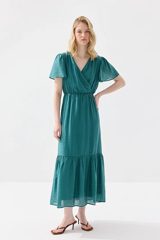 Wrap Cut Drop Sleeve Long Viscose Dress - Green - Gusto
