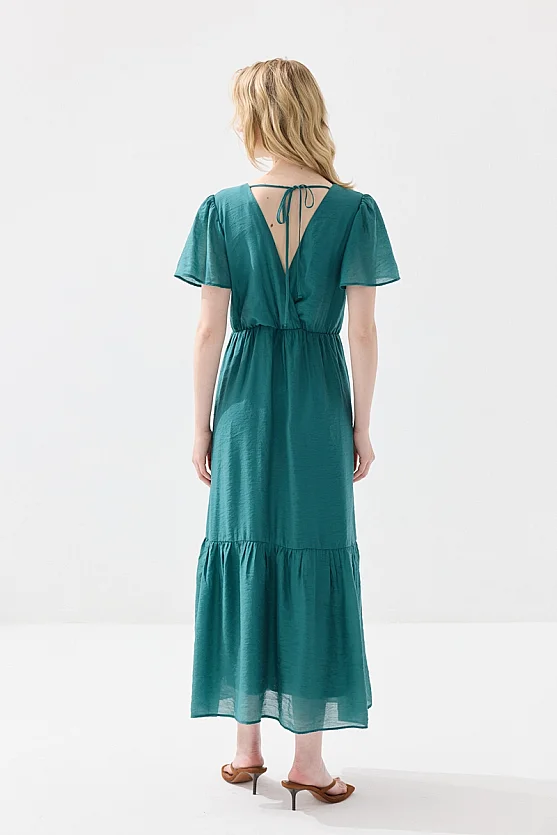 Wrap Cut Drop Sleeve Long Viscose Dress - Green - Gusto