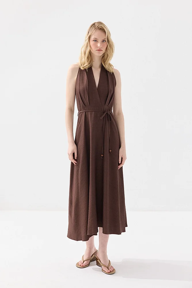Wrap Cut Flared Dress with Rope Belt - Brown Brown