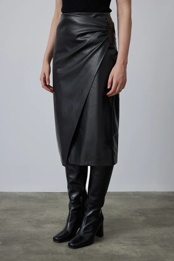 Wrap Cut Leather Skirt - Black - Gusto
