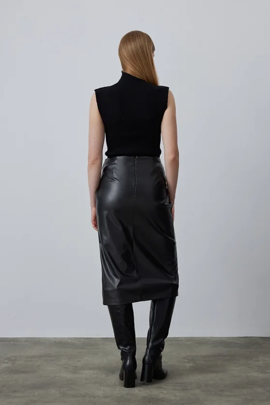 Wrap Cut Leather Skirt - Black - Gusto