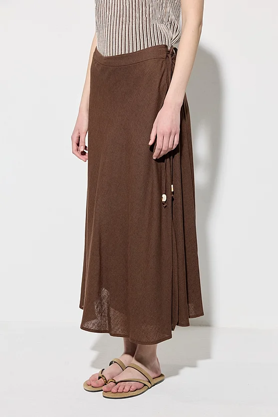 Wrap Cut Linen Skirt - Brown - Gusto
