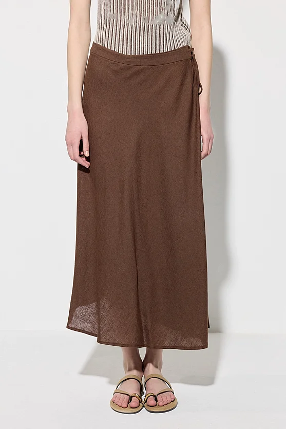 Wrap Cut Linen Skirt - Brown - 4
