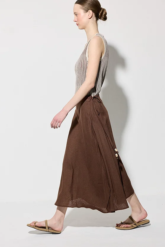 Wrap Cut Linen Skirt - Brown - Gusto
