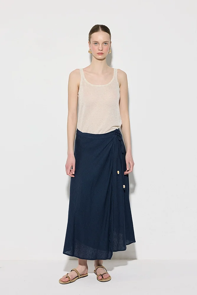 Wrap Cut Linen Skirt - Navy Blue