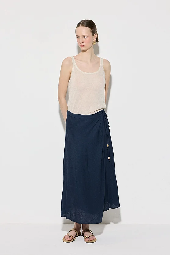 Wrap Cut Linen Skirt - Navy Blue - Gusto