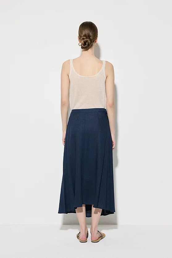 Wrap Cut Linen Skirt - Navy Blue - 5