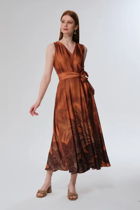 Wrap Cut Long Satin Dress - Copper - 2