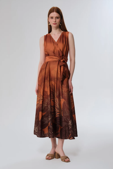 Wrap Cut Long Satin Dress - Copper Bakır