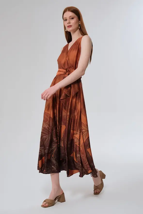 Wrap Cut Long Satin Dress - Copper - 3