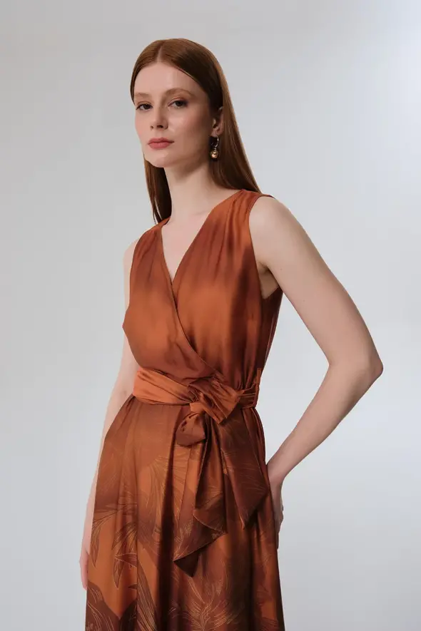 Wrap Cut Long Satin Dress - Copper - 4