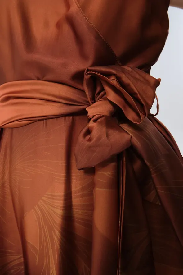 Wrap Cut Long Satin Dress - Copper - 6
