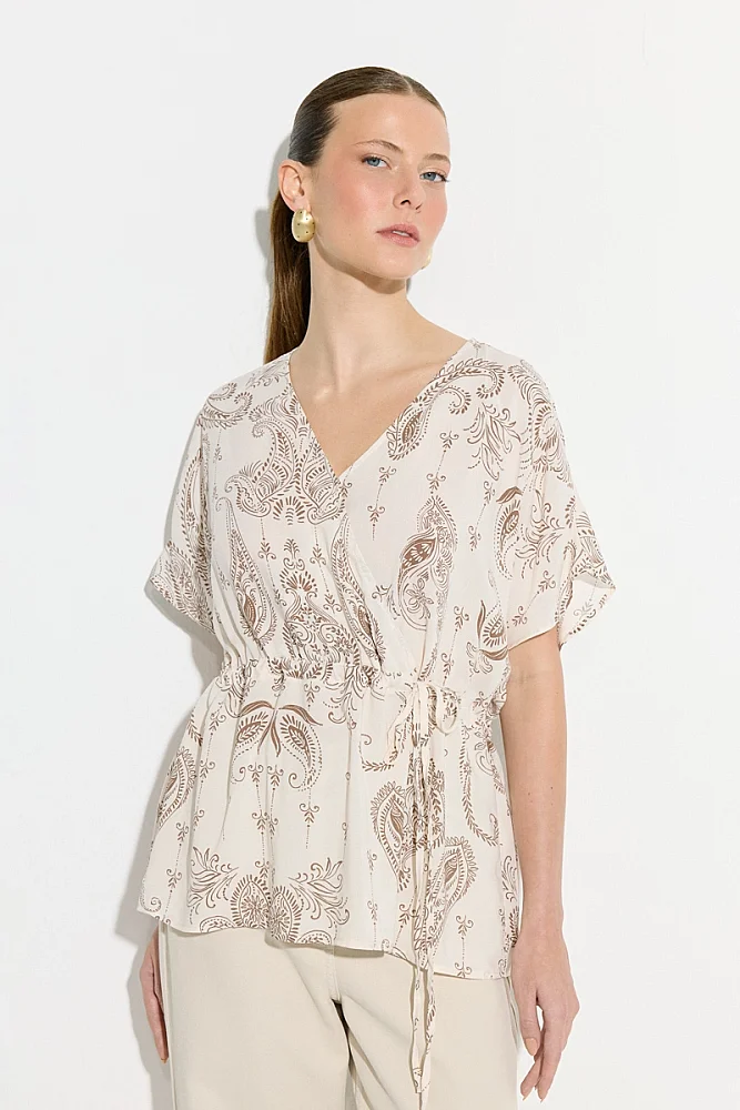 Wrap Cut Paisley Print Viscose Blouse - Ecru Ecru