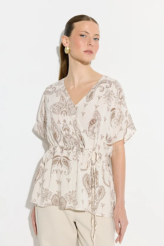 Wrap Cut Paisley Print Viscose Blouse - Ecru - 1
